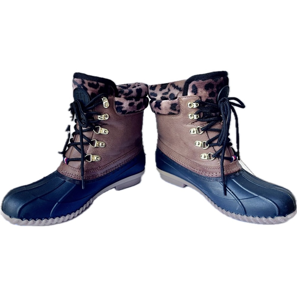 Tommy Hilfiger Trendy Brn/Blk “Muddy” Rubber Boots Leopard Print Lining Size 7 View 4